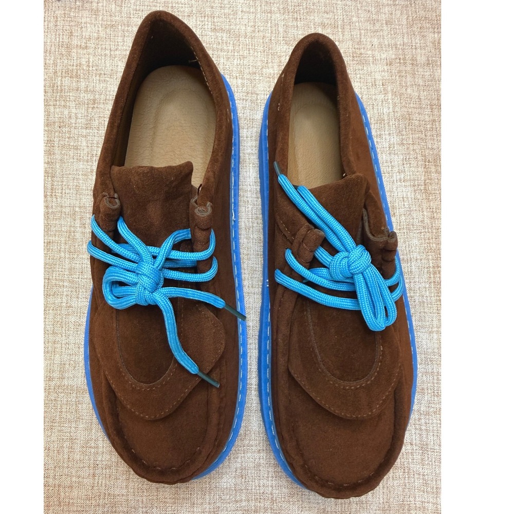 Mens Brown Suede Moccasins Blue Platform Sole Low Top Shoes Size 9.5-10